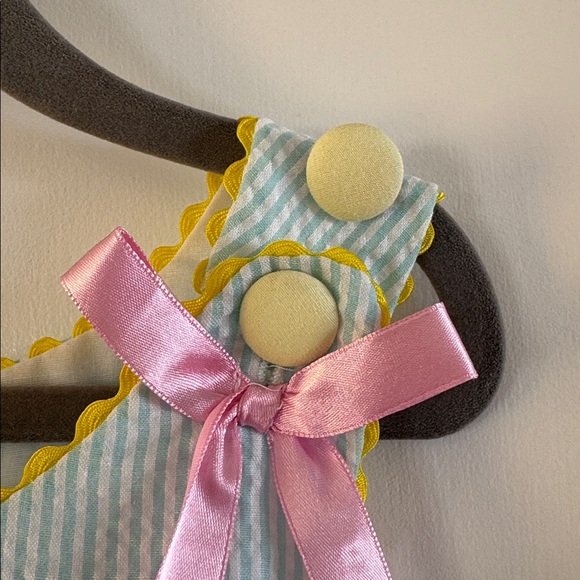 Lil Cactus Blue Seersucker Dress with Chick Appliqué and Pink Bows - Picture 6 of 9